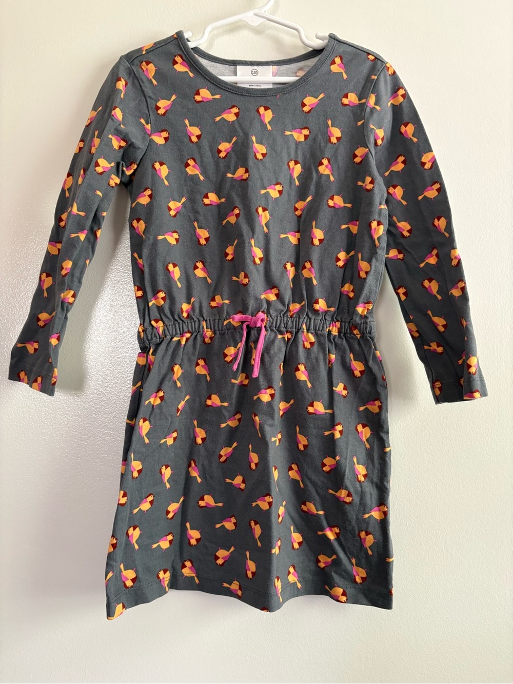 Hanna Andersson 110- 4T/5 Long Sleeve Dress with Orange/Pink Birds 100% Cotton